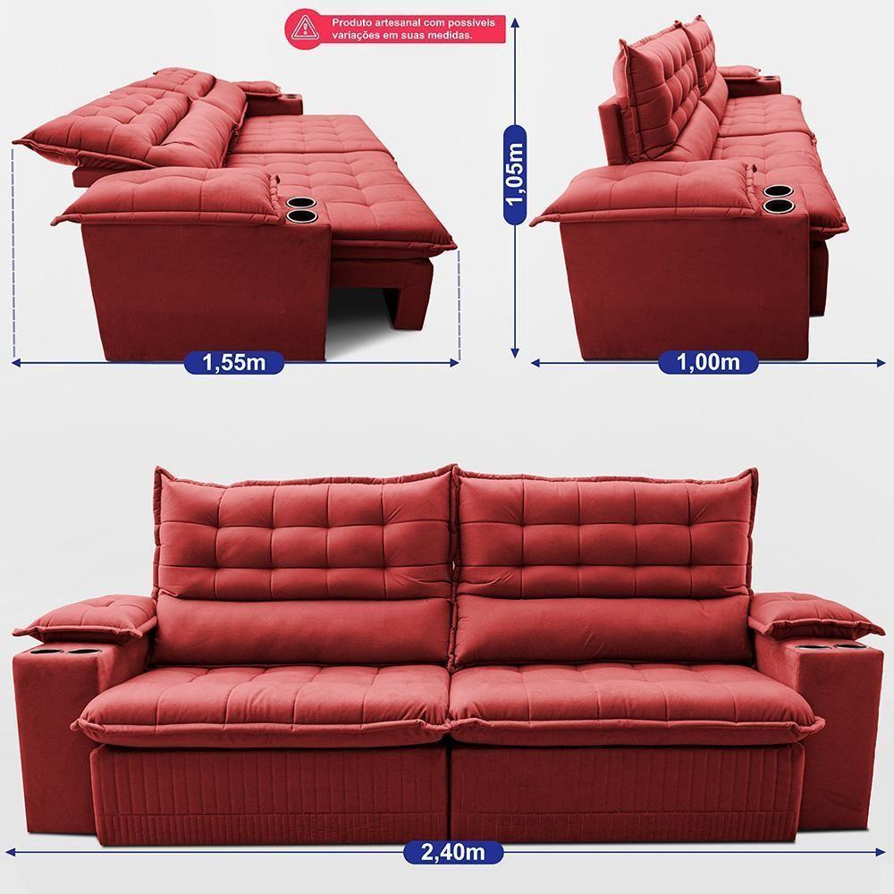 Sofá Retrátil E Reclinável 2,40m Molas Ensacadas Dream. Velusoft Cama Inbox Vermelho - 3
