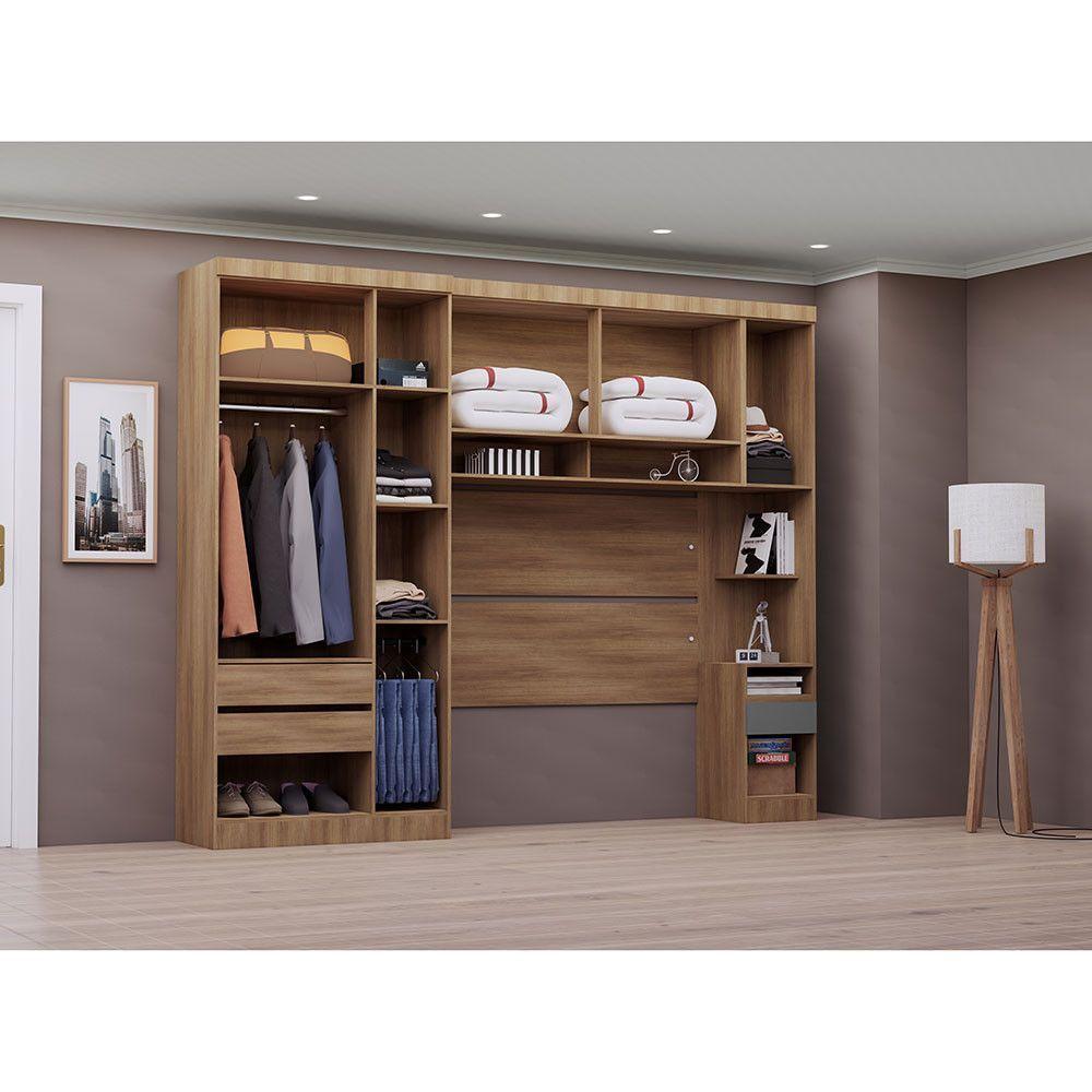 Quarto Casal Guarda Roupa Mesa De Cabeceira 284cm Veneza Luc Avelã Pf-cinza Supremo Pf - 2