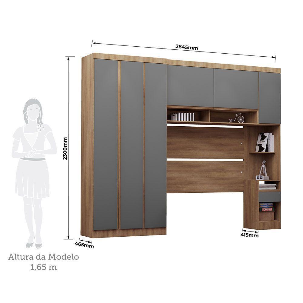 Quarto Casal Guarda Roupa Mesa De Cabeceira 284cm Veneza Luc Avelã Pf-cinza Supremo Pf - 3