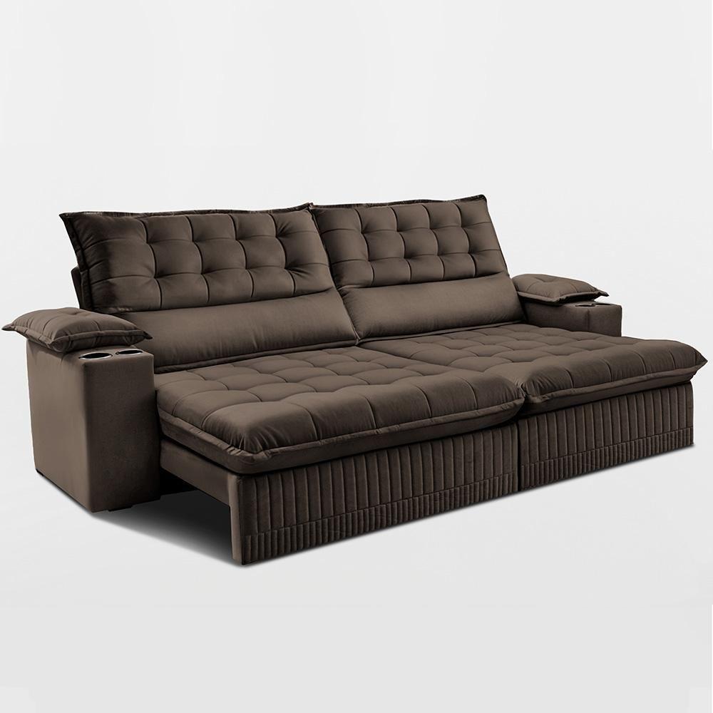 Sofá Retrátil E Reclinável 2,40m Molas Ensacadas Dream. Velusoft Cama Inbox Café - 3