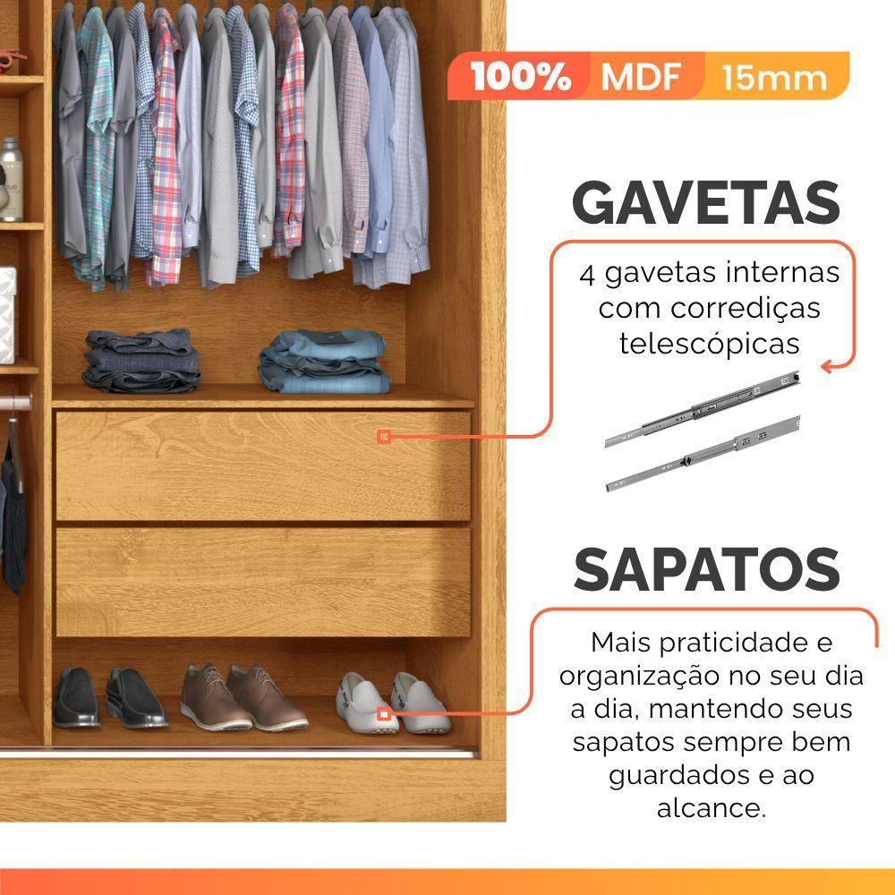 Guarda Roupas Casal 2 Portas De Correr Com Espelho Ripado 100% Mdf 4 Gavetas Malta Madeirado - 9