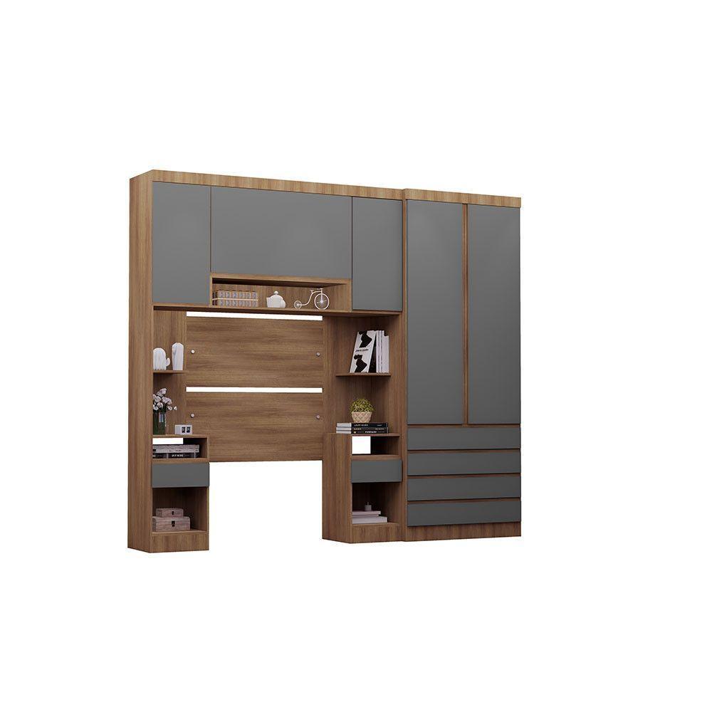 Quarto Solteiro Guarda Roupa Mesas De Cabeceira 263cm Veneza Avelã Pf-cinza Supremo Pf - 4