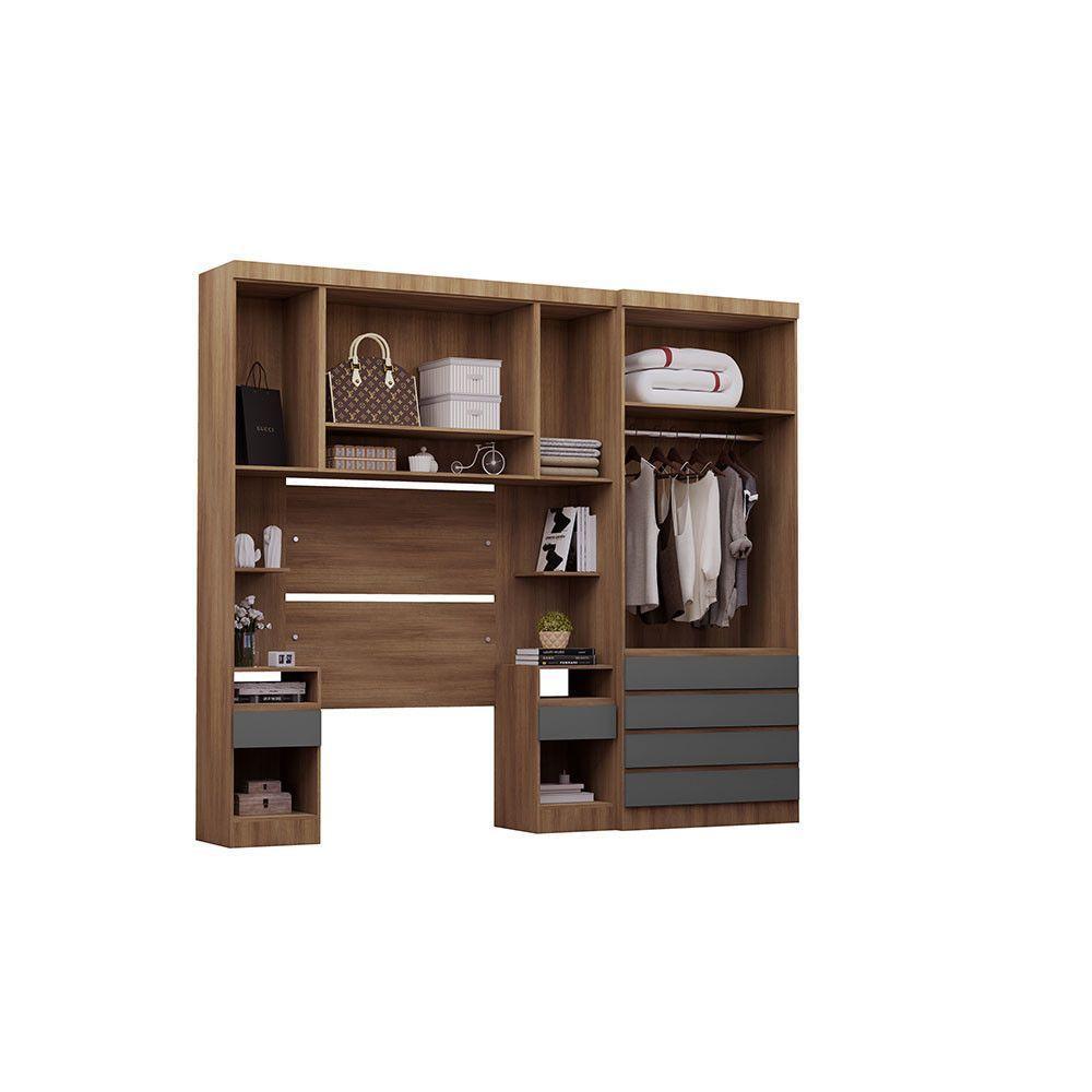 Quarto Solteiro Guarda Roupa Mesas De Cabeceira 263cm Veneza Avelã Pf-cinza Supremo Pf - 5