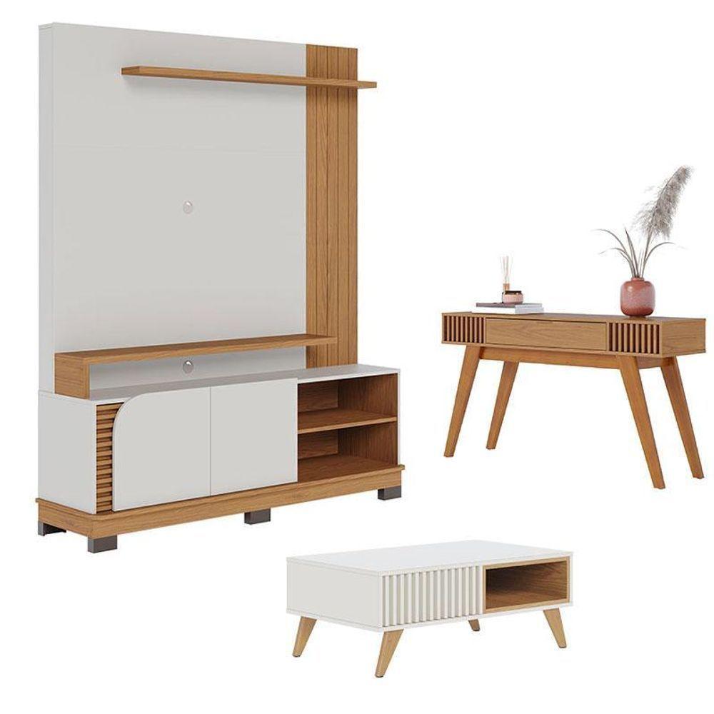 Estante Home Theater Jurerê 1.5 Com Mesa De Centro Jeri Off White Matte Freijó E Aparador Riviera Freijó – Colibri - 1
