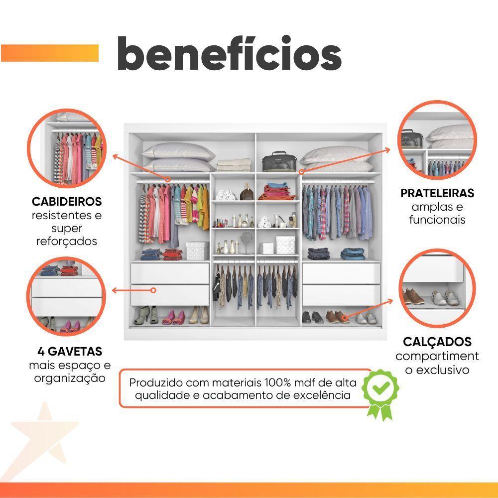 Guarda Roupas Casal 2 Portas De Correr Com Espelho 4 Gavetas 100% Mdf Branco áustria Branco - 4