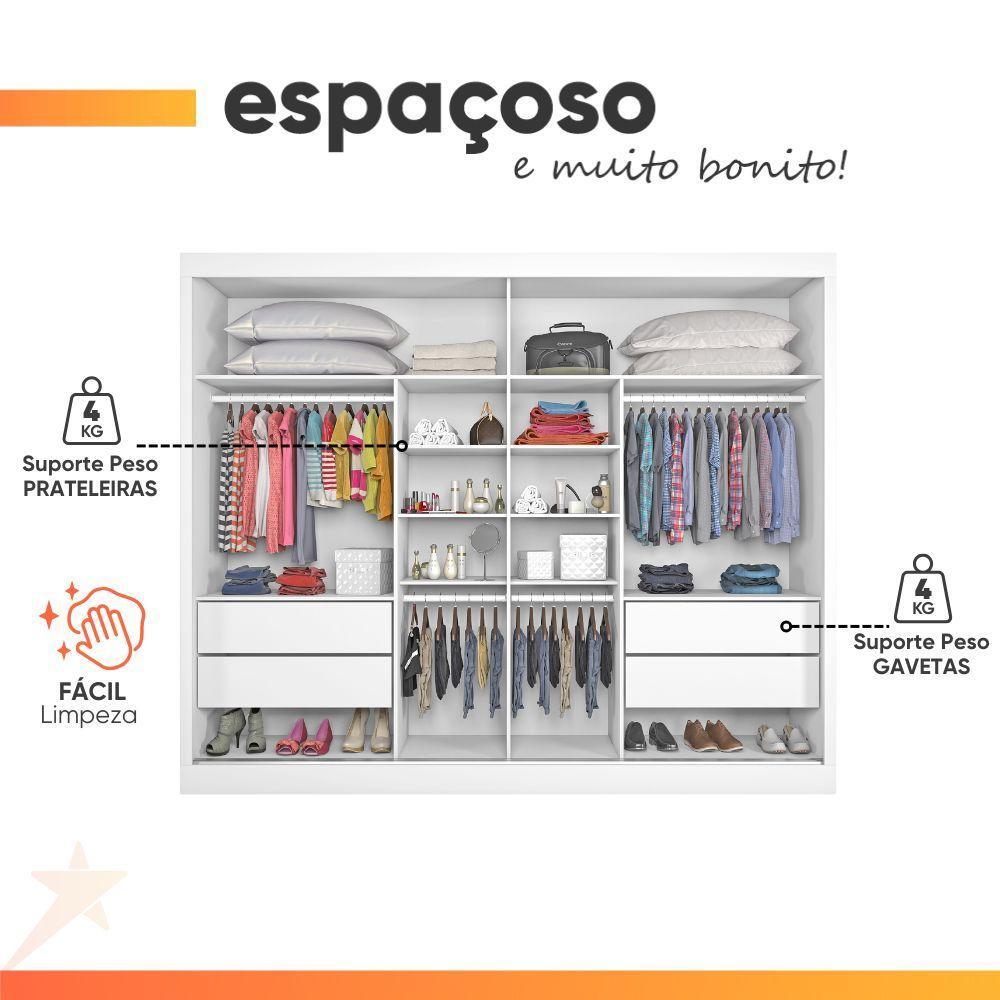 Guarda Roupas Casal 2 Portas De Correr Com Espelho 4 Gavetas 100% Mdf Branco áustria Branco - 10
