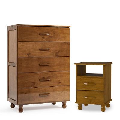 Kit Cômoda 5 Gavetas E Mesa De Cabeceira 100% Madeira Maciça Imbuia Brilho