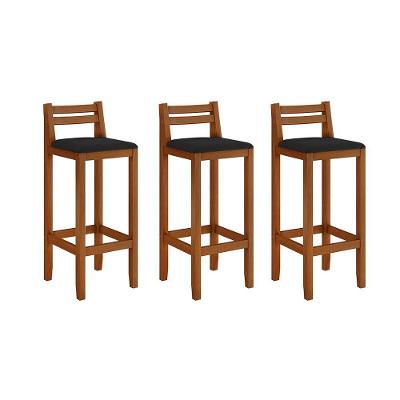 Kit 3 Banquetas Em Madeira Maciça Ibiza Balcão 98 Cm Com Encosto - Malbec Assento Preto