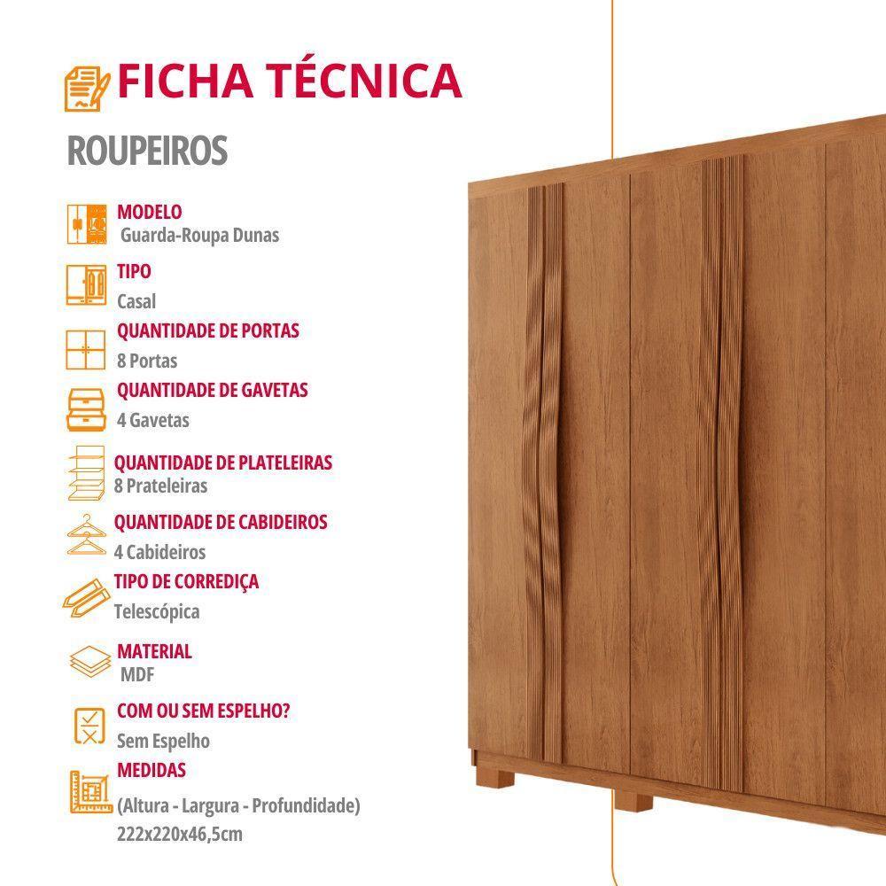Guarda Roupa Casal Dunas 8 Portas 4 Gavetas Moderna Mobília Naturalle - 6