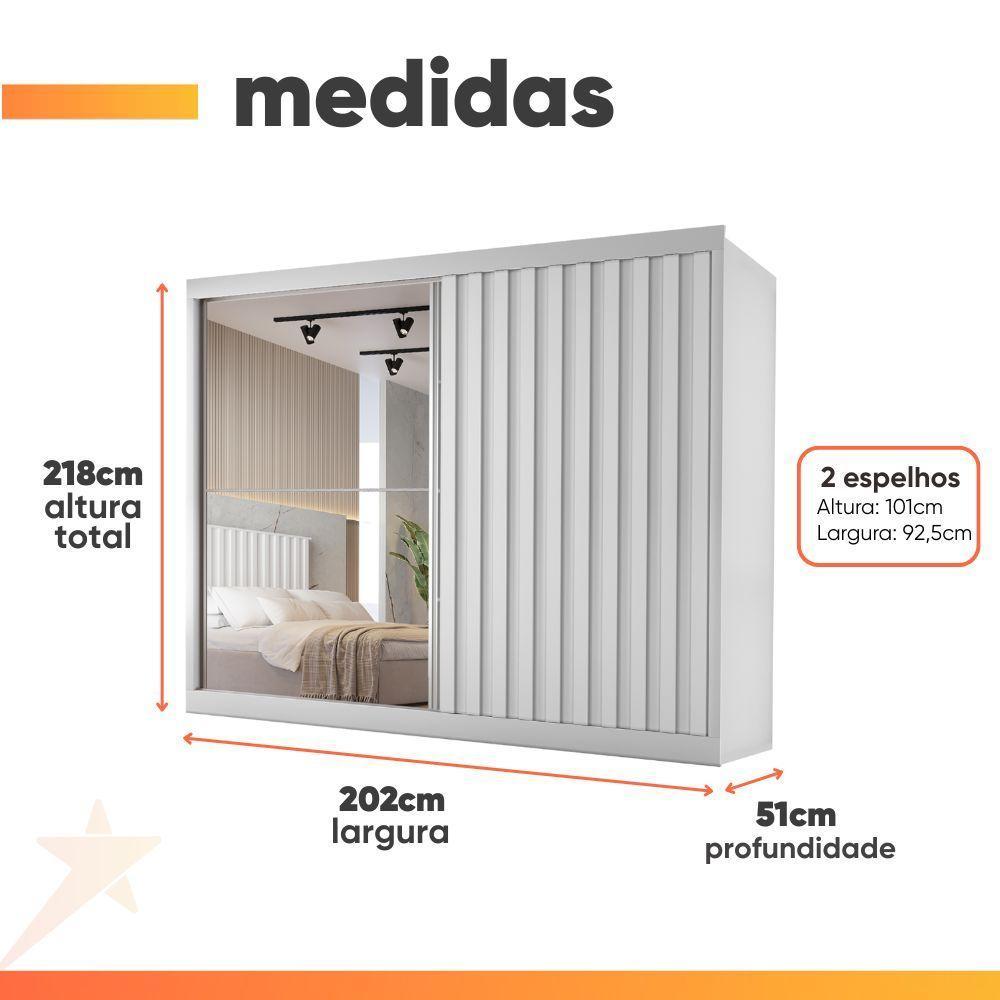 Guarda Roupas Casal 2 Portas De Correr Com Espelho Ripado 100% Mdf 4 Gavetas Malta Branco - 3