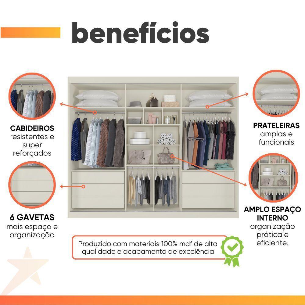 Guarda Roupas Casal 2 Portas De Correr Com Espelho Ripado 100% Mdf 4 Gavetas Malta Branco - 4