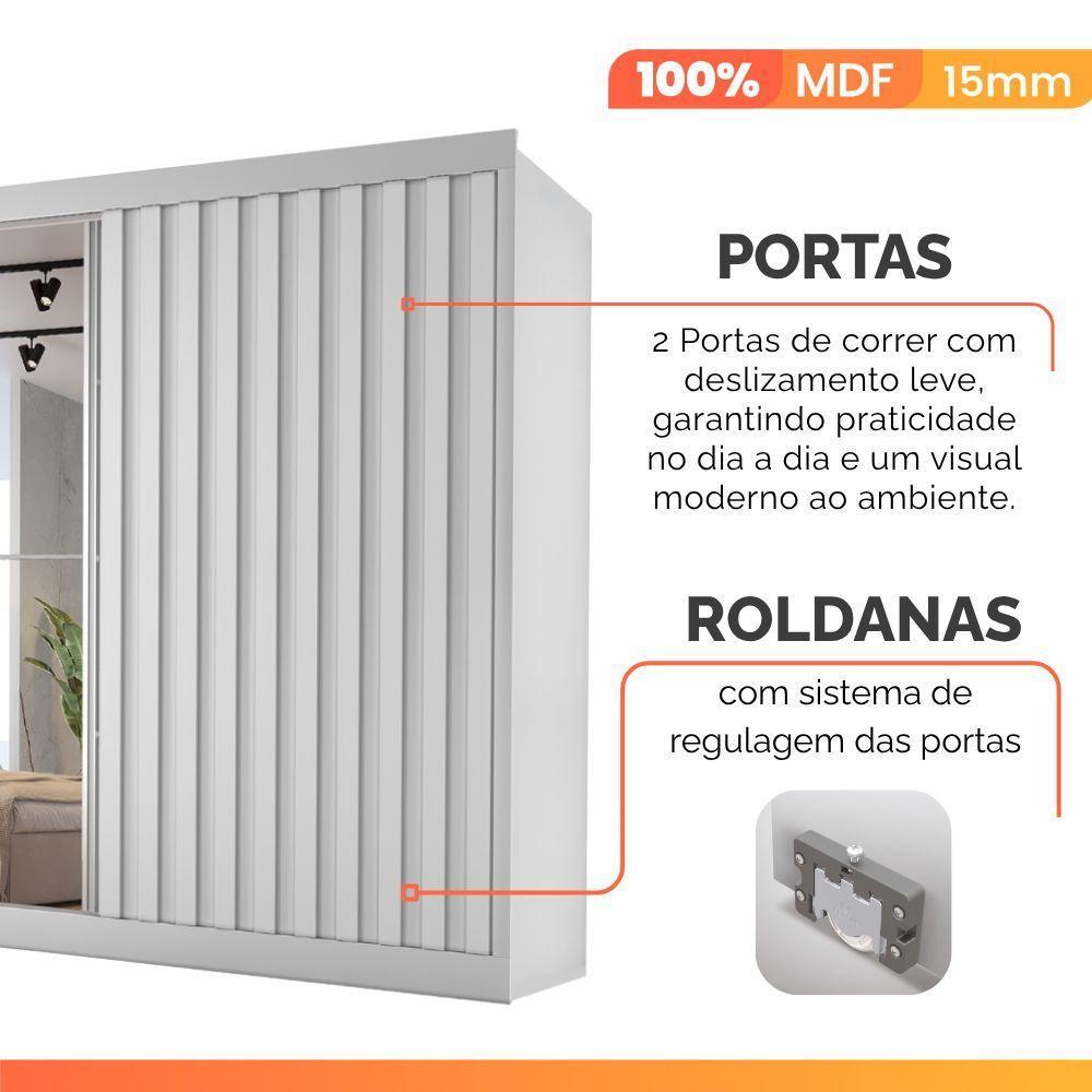 Guarda Roupas Casal 2 Portas De Correr Com Espelho Ripado 100% Mdf 4 Gavetas Malta Branco - 7