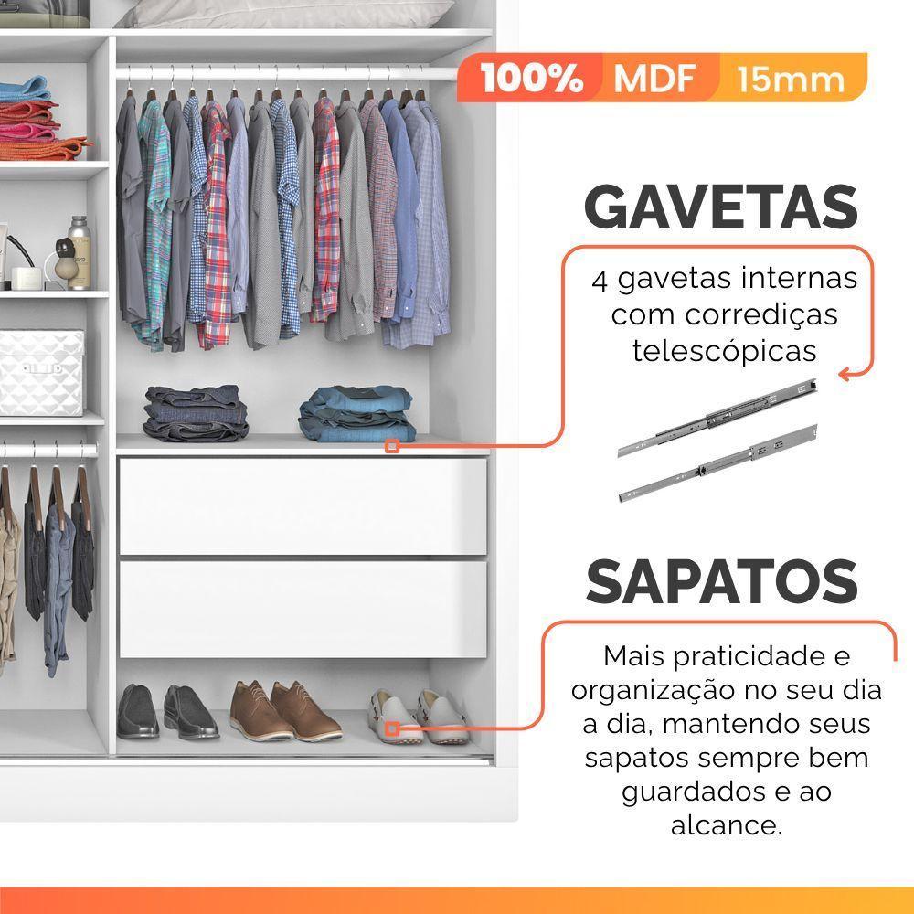 Guarda Roupas Casal 2 Portas De Correr Com Espelho Ripado 100% Mdf 4 Gavetas Malta Branco - 9
