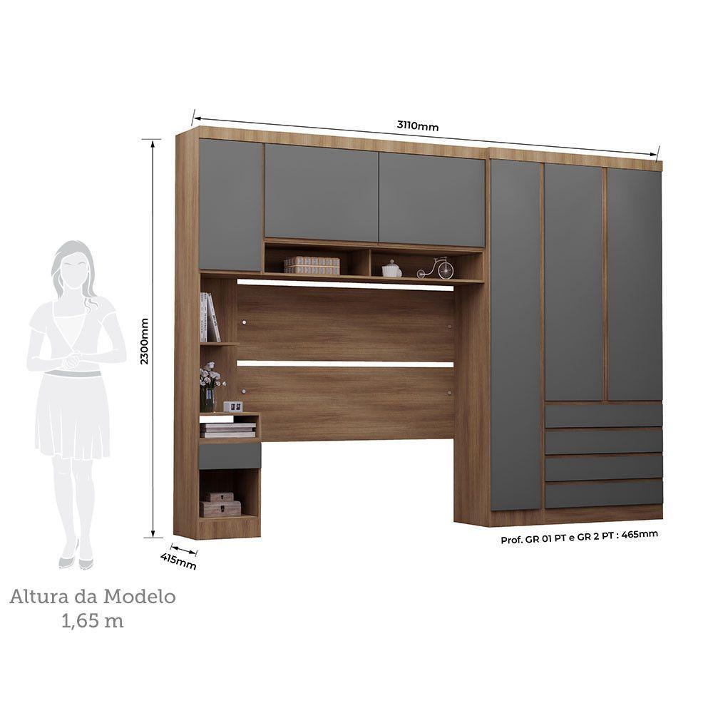 Quarto Casal Guarda Roupa Mesa De Cabeceira 311cm Veneza Luc Avelã Pf-cinza Supremo Pf - 3