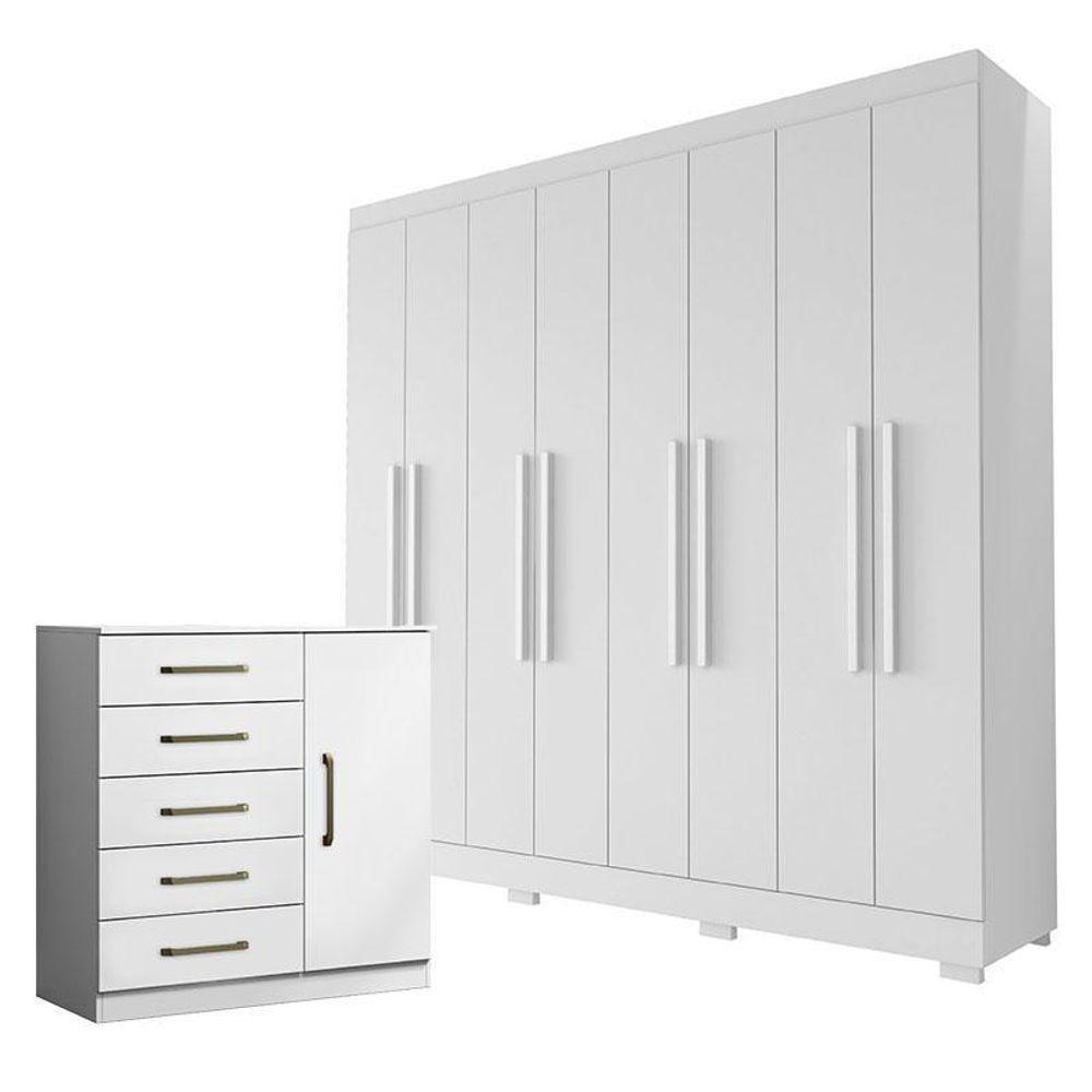 Guarda Roupa Casal Porto 8 Portas 4 Gavetas E Cômoda Sapateira Milão Branco Brilho – Aramóveis - 1