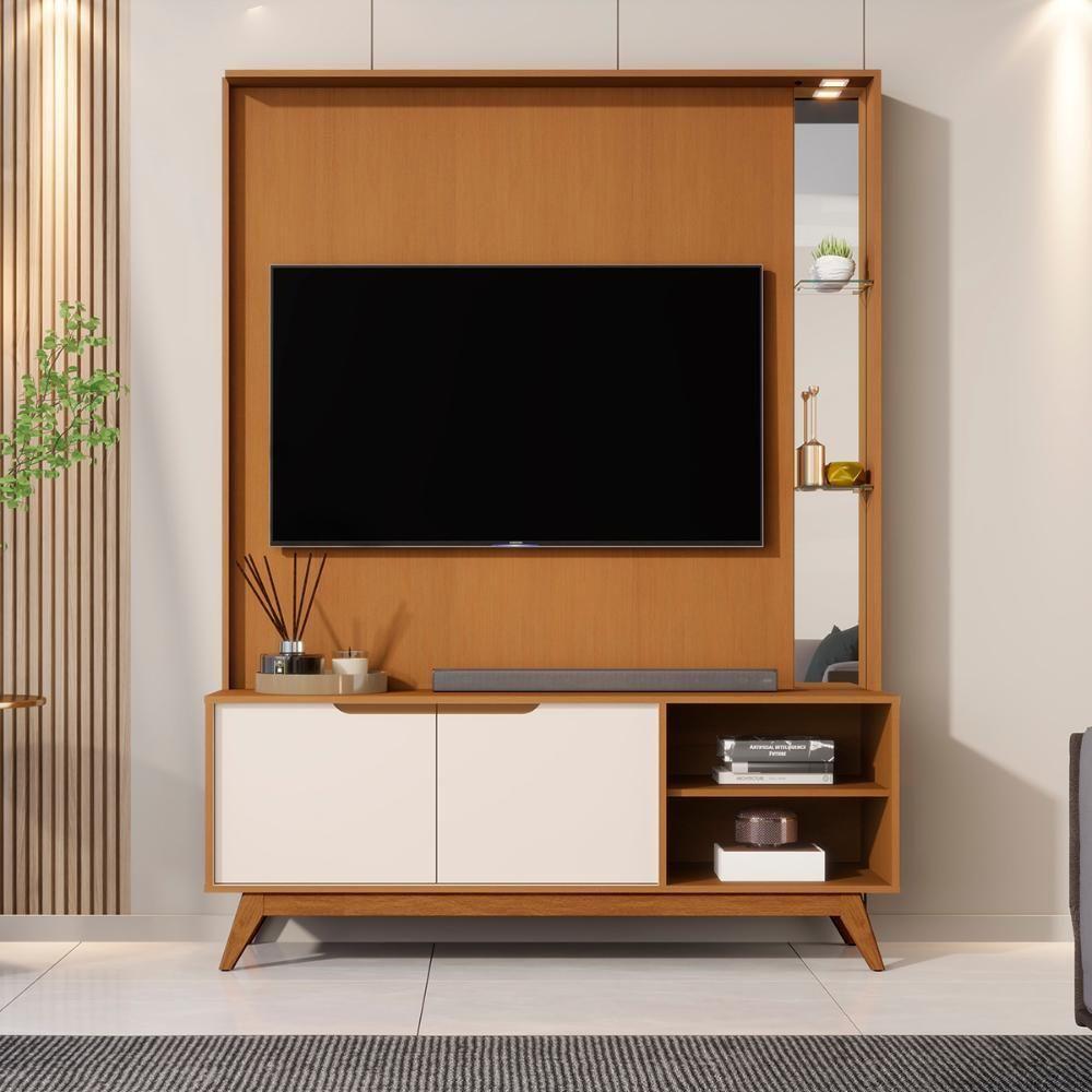 Home Tucumã 1.4 Tv Até 60 Pol. Pés De Madeira Maciça E Led Nature-off White - 2