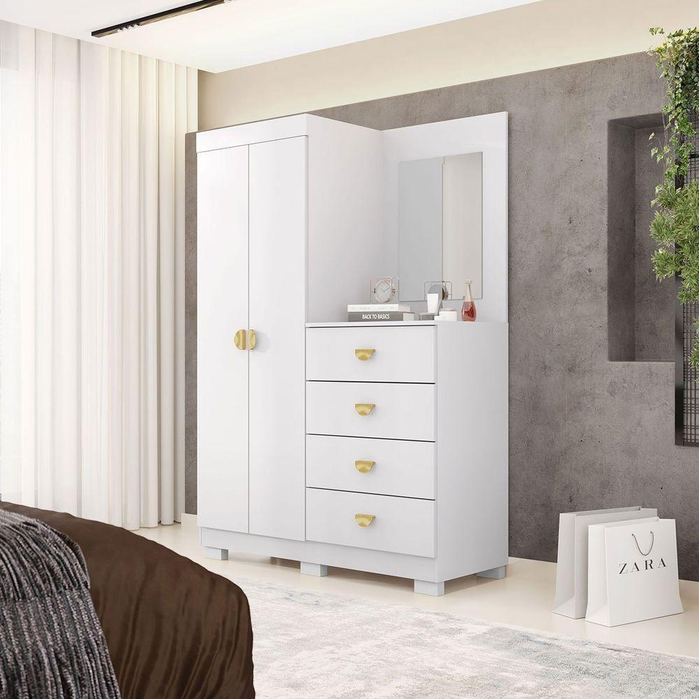 Cômoda Guarda-roupa Com 4 Gavetas E 5 Prateleiras Com Espelho Cristine Branco/camarim - 9