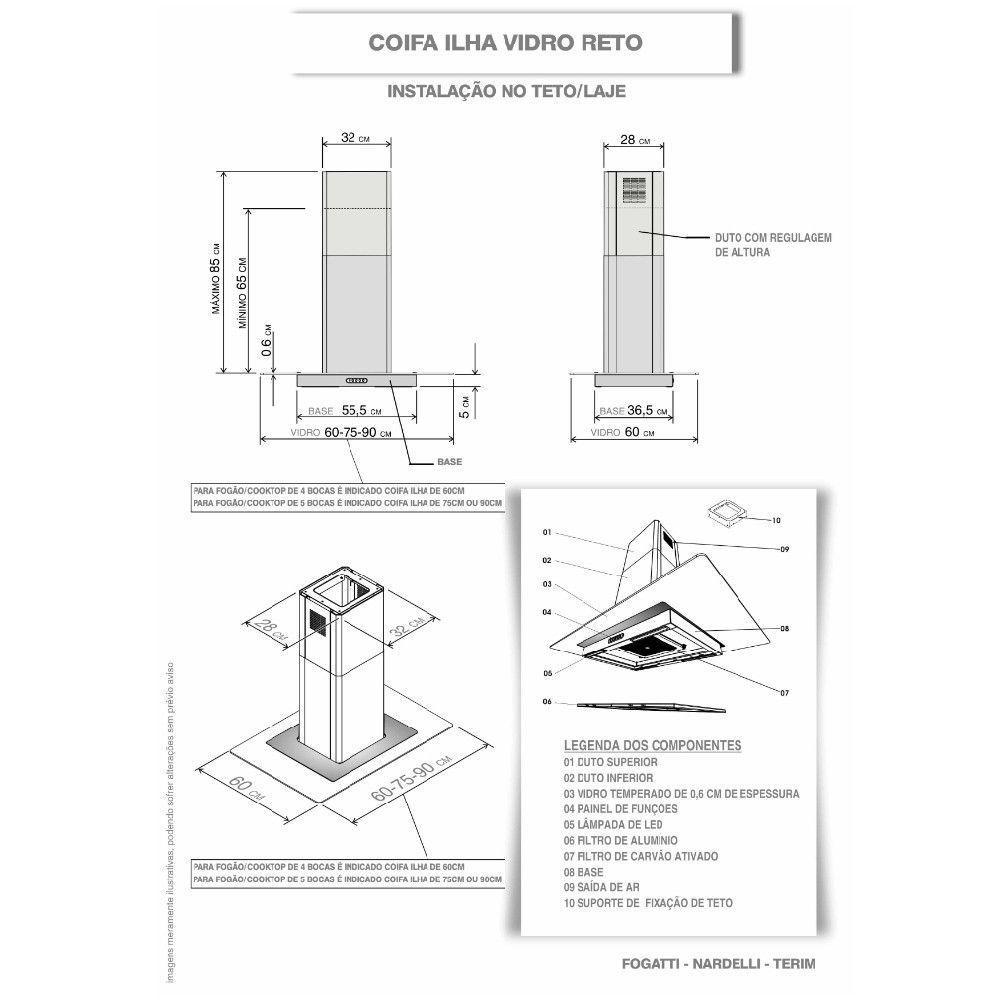 Coifa Terim Ilha Teto Vidro Reto Black 90 cm Preto 110V - 3