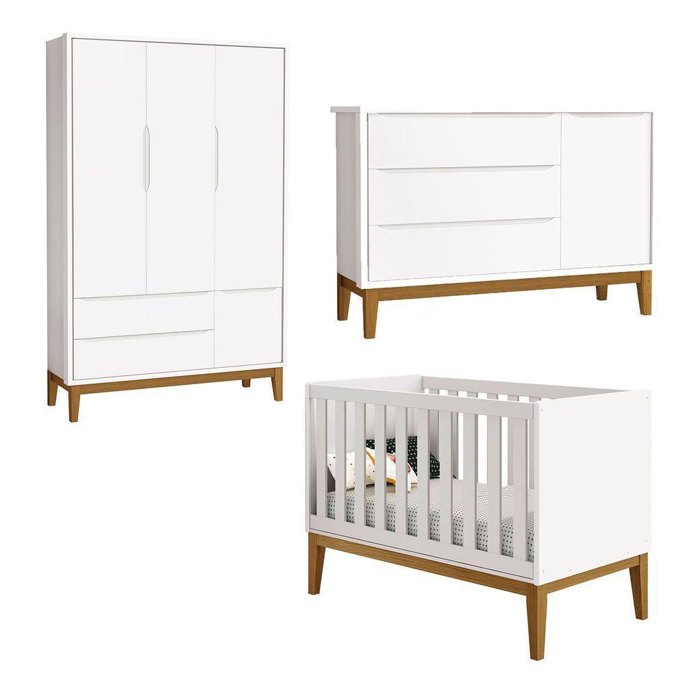 Jogo De Quarto Para Bebê Completo 3 Portas Classic New Branco Fosco Com Madeira - Reller - 1