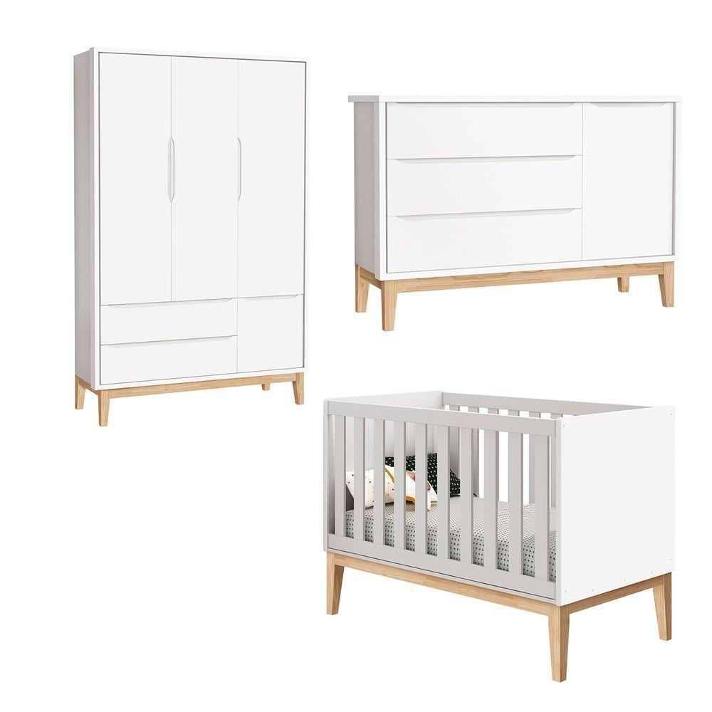 Jogo De Quarto Para Bebê Completo 3 Portas Classic New Branco Fosco Com Natural - Reller - 1