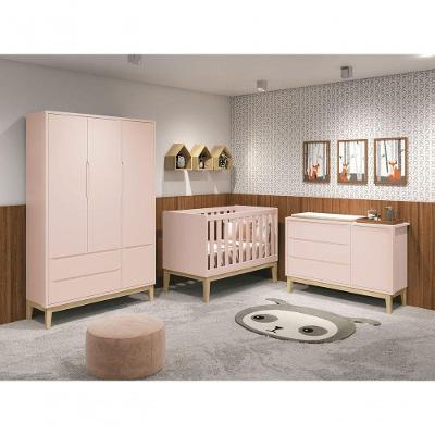 Jogo De Quarto Para Bebê Completo 3 Portas Classic New Rosa Fosco Com Natural - Moveisaqui