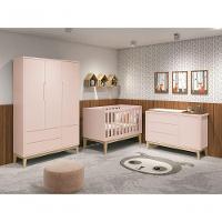 Jogo De Quarto Para Bebê Completo 3 Portas Classic New Rosa Fosco Com Natural - Moveisaqui - 1
