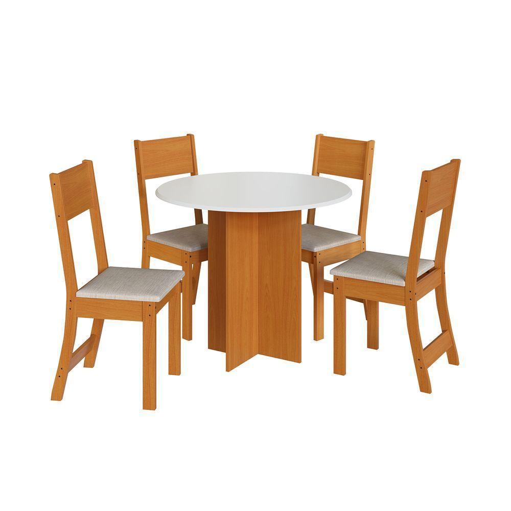 Conjunto Mesa De Jantar Alice Sofia Redonda 4 Cadeiras Freijó Offwhite Linho - Indekes - 1
