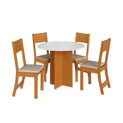 Conjunto Mesa De Jantar Alice Sofia Redonda 4 Cadeiras Freijó Offwhite Linho - Indekes