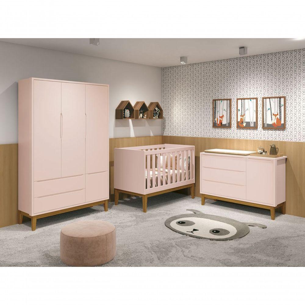 Jogo De Quarto Para Bebê Completo 3 Portas Classic New Rosa Fosco Com Madeira - Moveisaqui - 1
