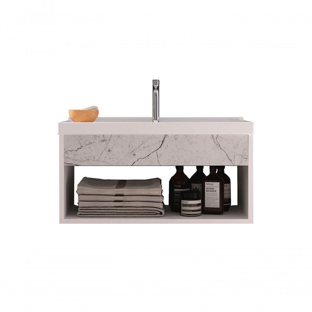 Gabinete Nicho Suspenso Para Banheiro Com Lavatório Beta Branco Com Marmorizado Branco - Moveisaqui - 1