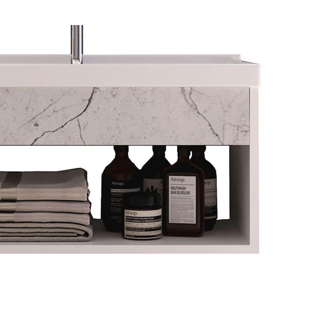 Gabinete Nicho Suspenso Para Banheiro Com Lavatório Beta Branco Com Marmorizado Branco - Moveisaqui - 3