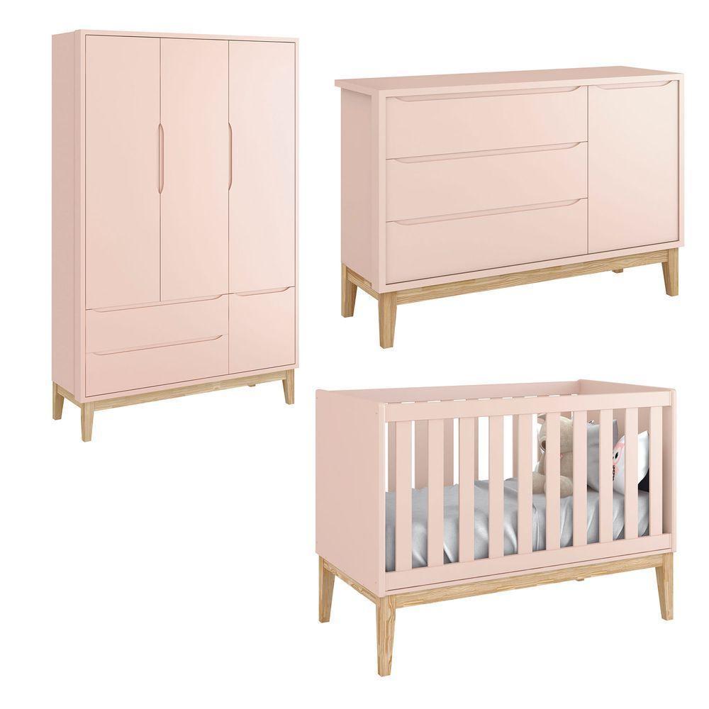 Jogo De Quarto Para Bebê Completo 3 Portas Classic New Rosa Fosco Com Natural - Reller - 1