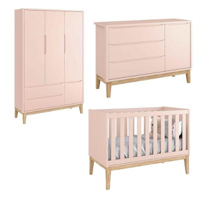 Jogo De Quarto Para Bebê Completo 3 Portas Classic New Rosa Fosco Com Natural - Reller