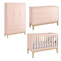 Jogo De Quarto Para Bebê Completo 3 Portas Classic New Rosa Fosco Com Natural - Reller - 1