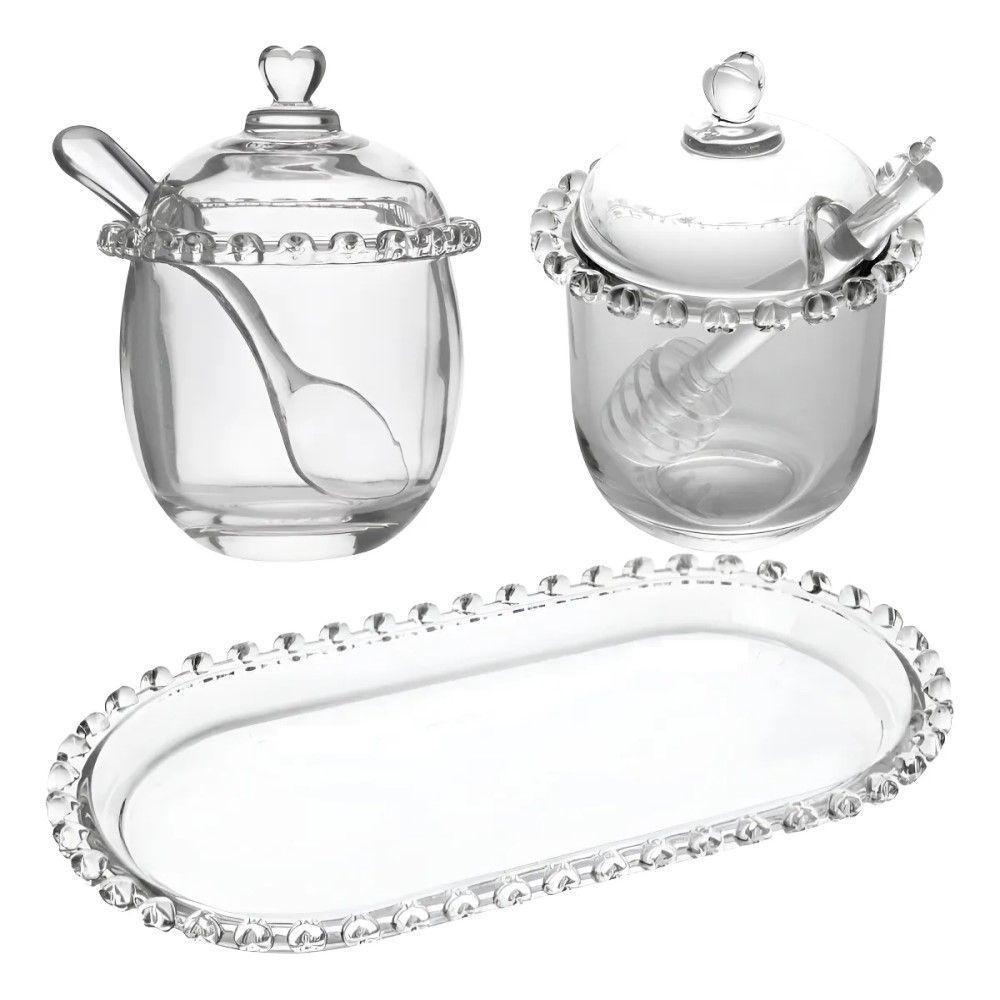 Kit Meleira + Açucareiro + Bandeja De Cristal Coração Lyor - 1