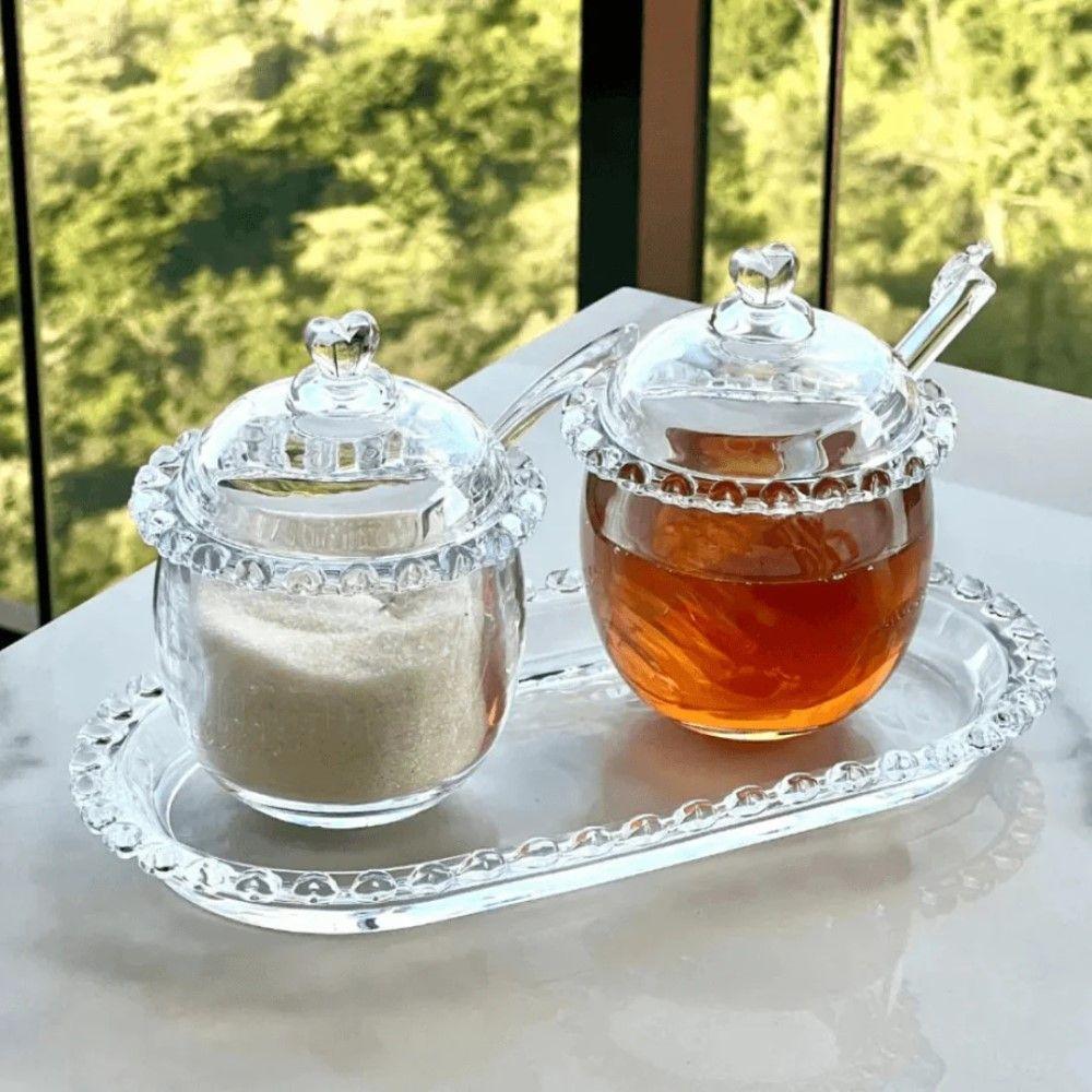 Kit Meleira + Açucareiro + Bandeja De Cristal Coração Lyor - 6