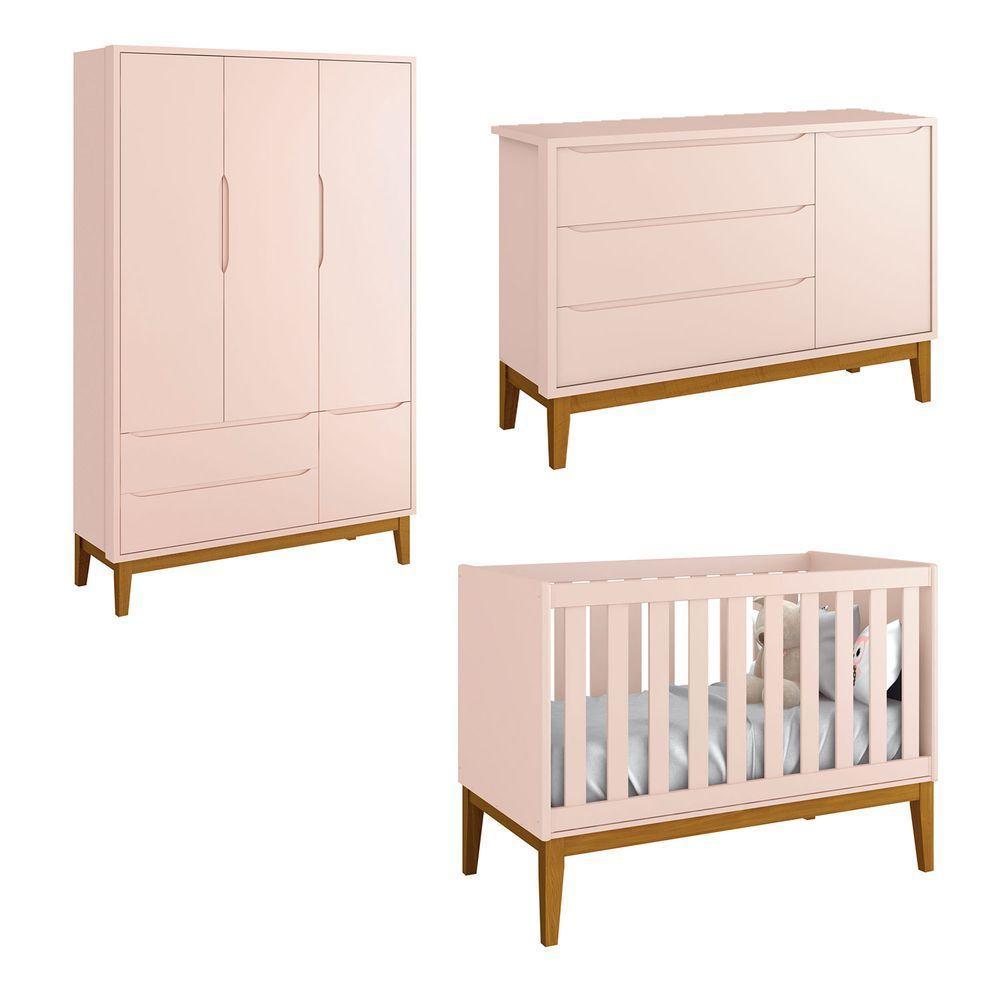 Jogo De Quarto Para Bebê Completo 3 Portas Classic New Rosa Fosco Com Madeira - Reller - 1