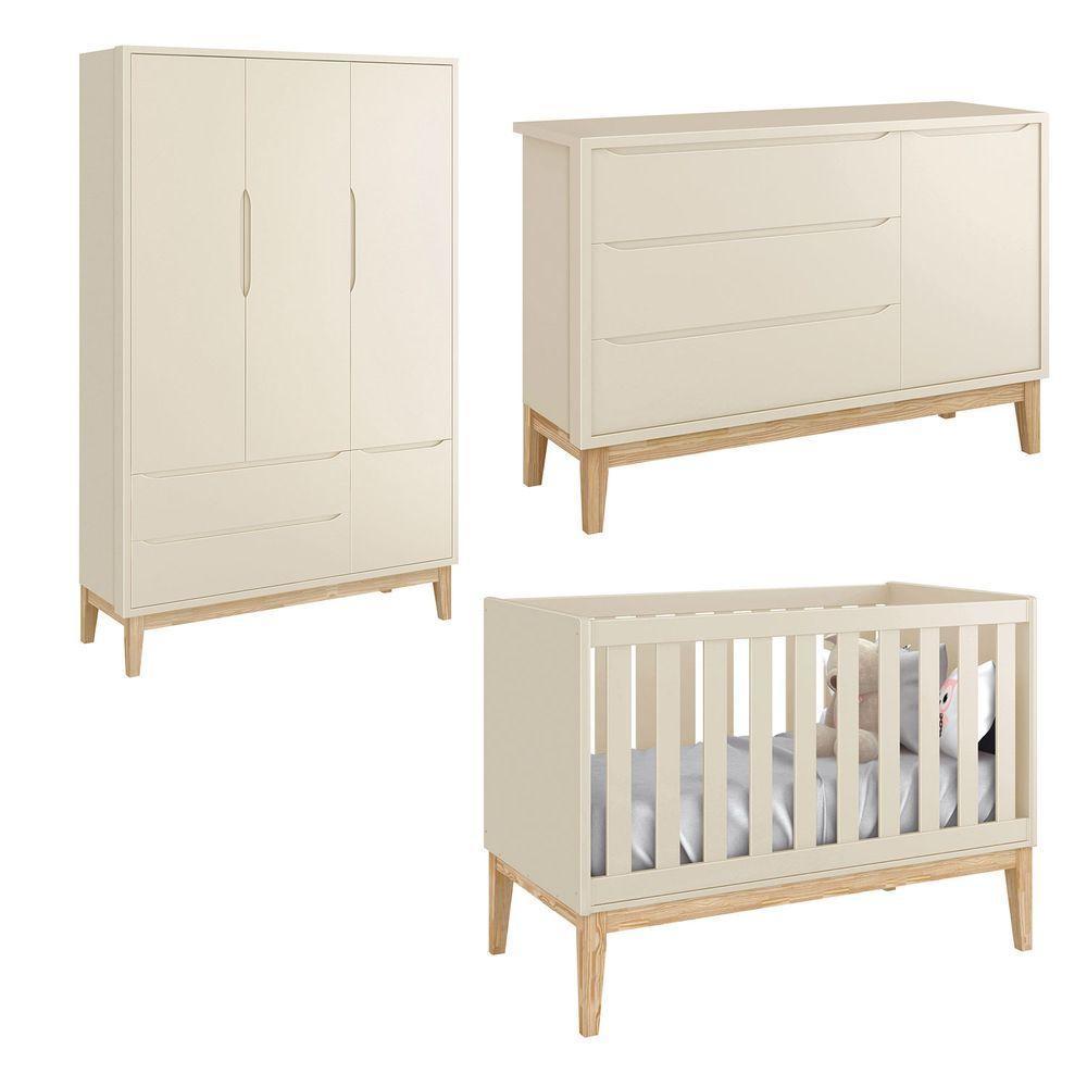 Jogo De Quarto Para Bebê Completo 3 Portas Classic New Areia Fosco Com Natural - Reller - 1