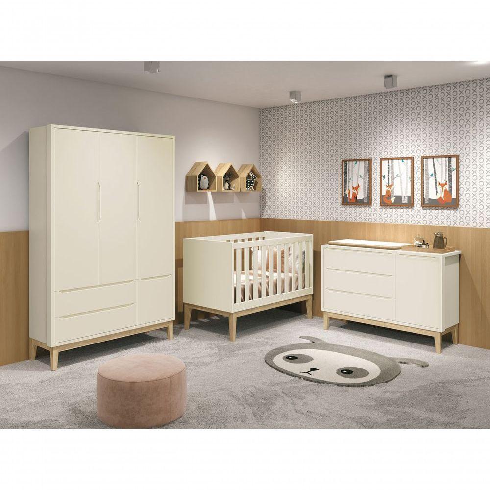 Jogo De Quarto Para Bebê Completo 3 Portas Classic New Areia Fosco Com Natural - Reller - 2