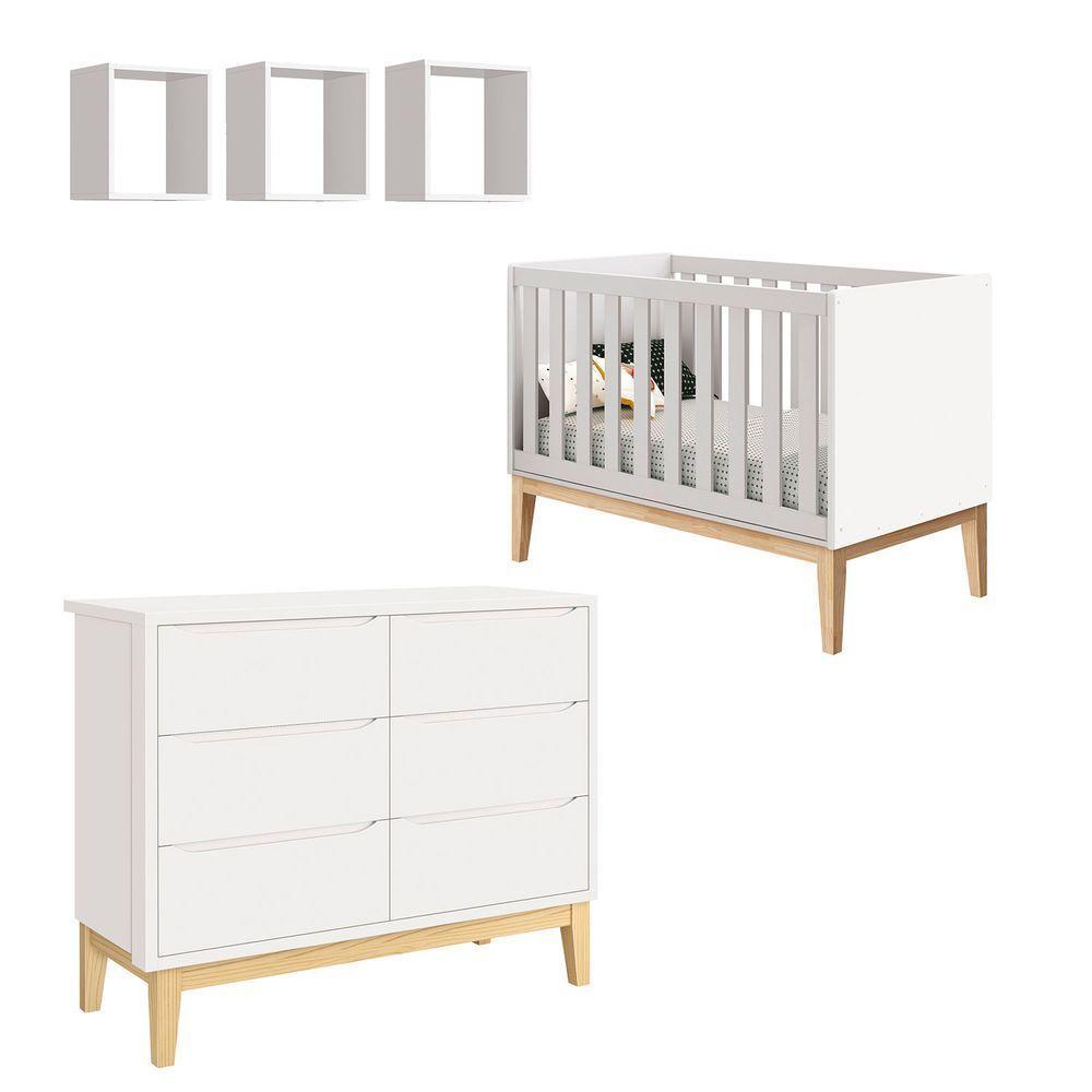 Jogo De Quarto Para Bebê Classic New Branco Fosco Com Natural - Reller - 1