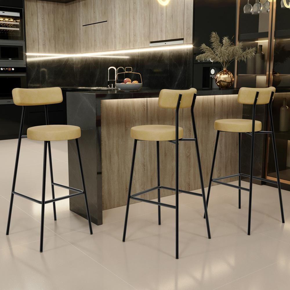 Banqueta Alta Bar Cozinha Sala De Jantar Estrutura Em Aço Milão L02 Couríssimo Fendi - Lyam Decor - 2