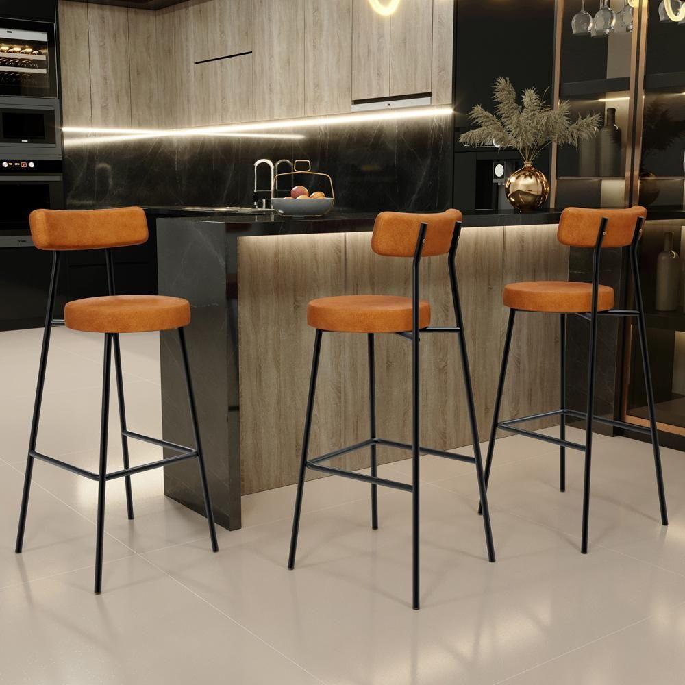 Banqueta Alta Bar Cozinha Sala De Jantar Estrutura Em Aço Milão L02 Couríssimo Canela - Lyam Decor - 2