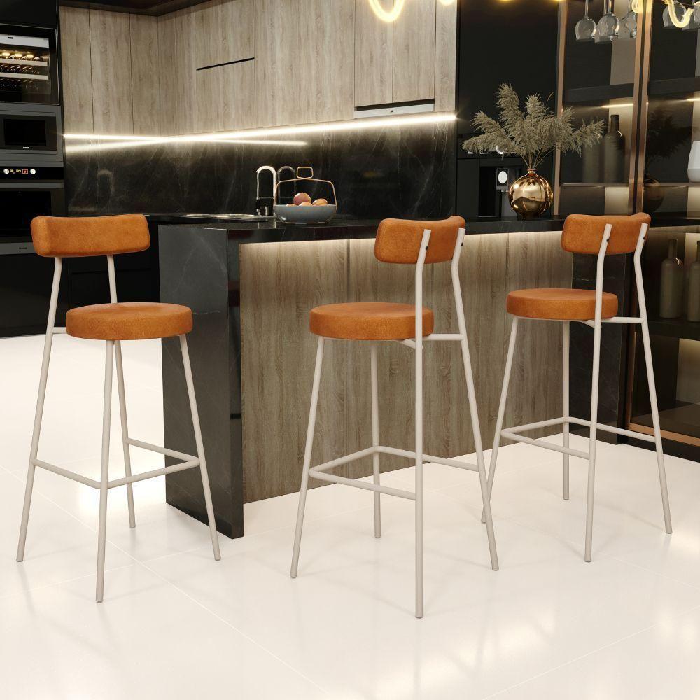 Banqueta Alta Bar Cozinha Sala De Jantar Aço Milão Arena L02 Couríssimo Canela - Lyam Decor - 2