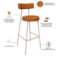 Banqueta Alta Bar Cozinha Sala De Jantar Aço Milão Arena L02 Couríssimo Canela - Lyam Decor
