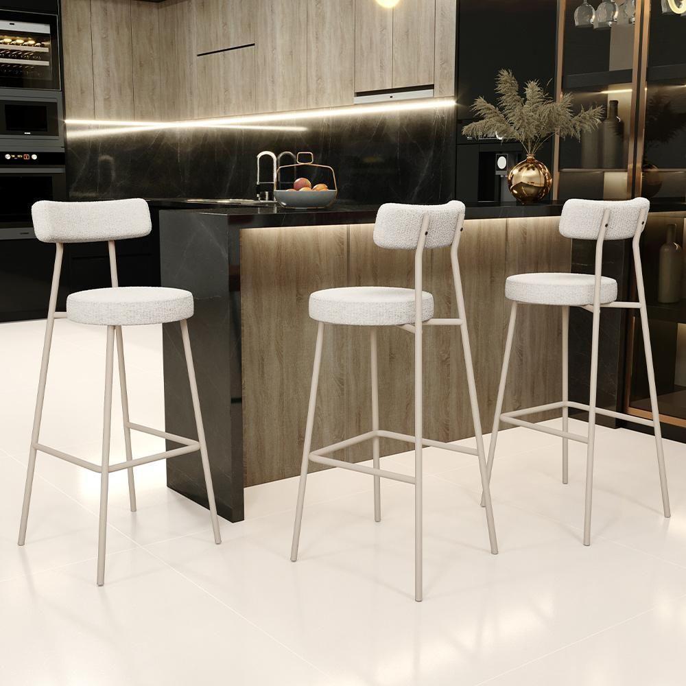 Banqueta Alta Bar Cozinha Sala De Jantar Aço Milão Arena L02 Bouclê Creme - Lyam Decor - 2