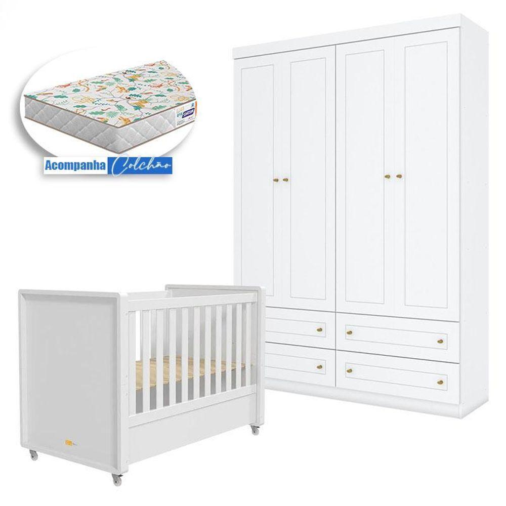 Berço Tutto New E Guarda Roupa Infantil Americano 4 Portas Branco Fosco Com Colchão Gazin - Matic - 1