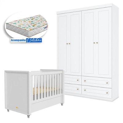 Berço Tutto New E Guarda Roupa Infantil Americano 4 Portas Branco Fosco Com Colchão Gazin - Matic