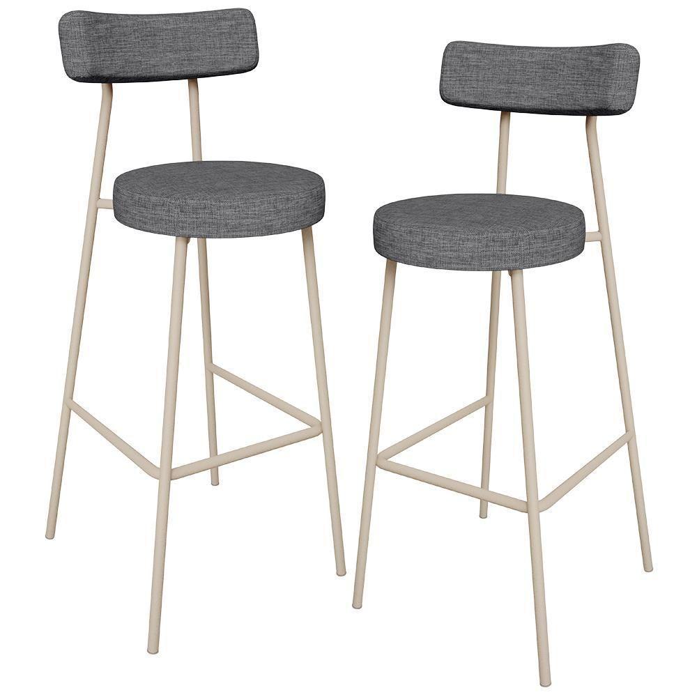 Kit 02 Banquetas Alta Bar Cozinha Sala De Jantar Aço Milão Arena L02 Linho Cinza Escuro - Lyam Decor - 1