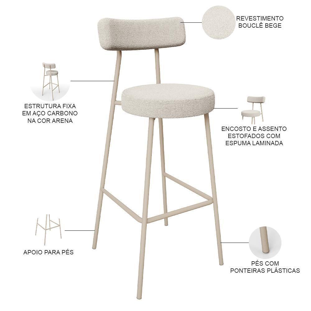 Kit 02 Banquetas Alta Bar Cozinha Sala De Jantar Aço Milão Arena L02 Bouclê Creme - Lyam Decor - 4