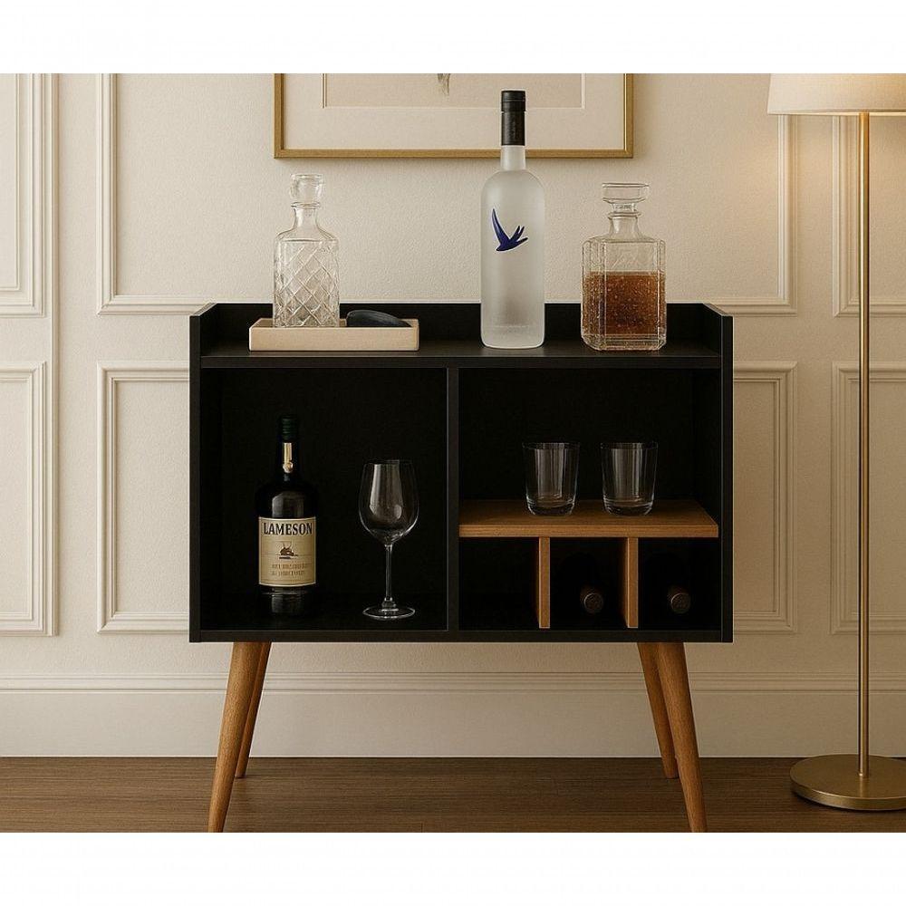Aparador Moderno Com Adega Para Vinhos Porta Taças E Mini Bar Preto - 1